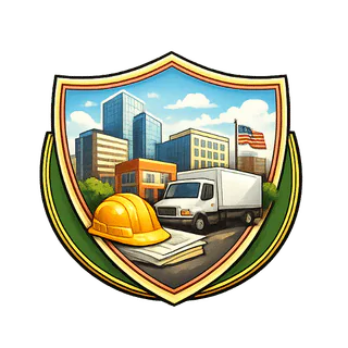 A shield-shaped emblem with a cityscape of modern buildings, an American flag, a white delivery truck, yellow construction helmet, and rolled papers in the foreground.