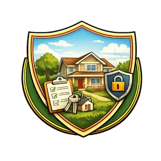 A shield emblem featuring a house, a clipboard with checkmarks, a set of keys, and a padlock, symbolizing home security and safety measures.
