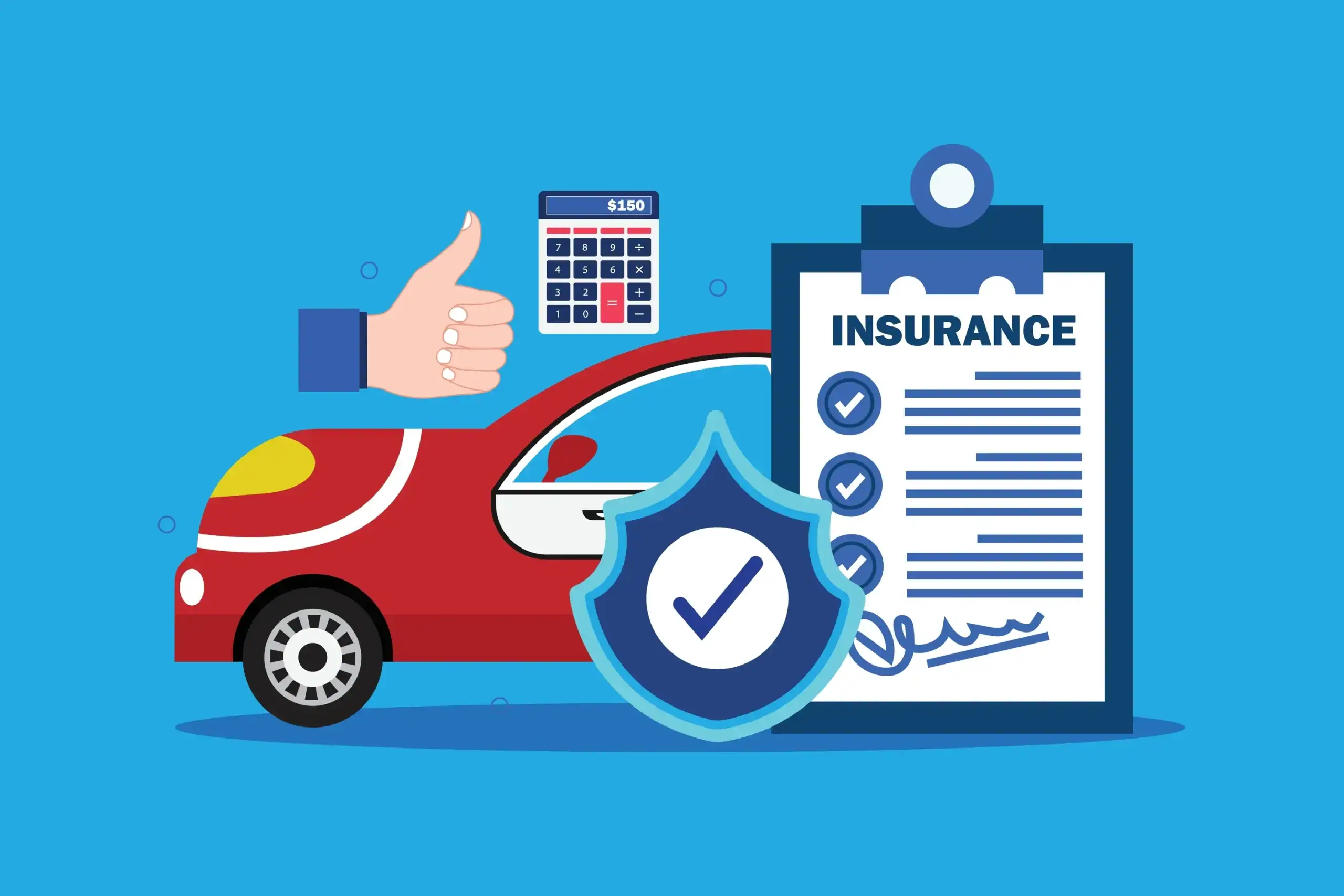 Illustration of a red car, insurance policy form on a clipboard, shield with checkmark, thumbs up hand, and calculator&mdash;representing auto insurance Orange County and financial safety in CA.