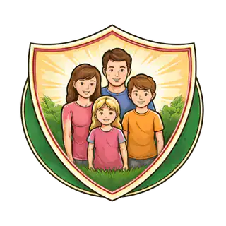 Illustration of a smiling family—two adults and two children—standing together inside a shield emblem, with a sunny background and green grass, symbolizing life insurance Orange County, CA protection.