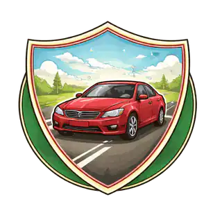 A red car drives on a road with trees and a blue sky in the background, all framed within a green and gold shield emblem—perfectly capturing the spirit of auto insurance Orange County, CA.